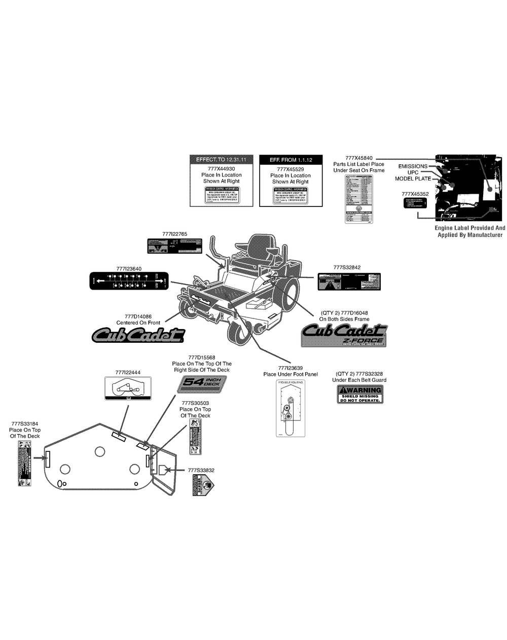 Label Map Z-Force 54 Diagram and Parts List for Z-FORCE54 (17BF3AGX-17BF3AGX010)(2012) Cub Cadet Lawn Tractor